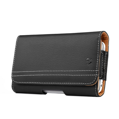 For Apple iPhone 16 Pro (6.3") Horizontal Universal Carry Pouch Cell Phone Case PU Leather Holster Belt Clip Loop Card Slot & Magnetic Closure [Black]