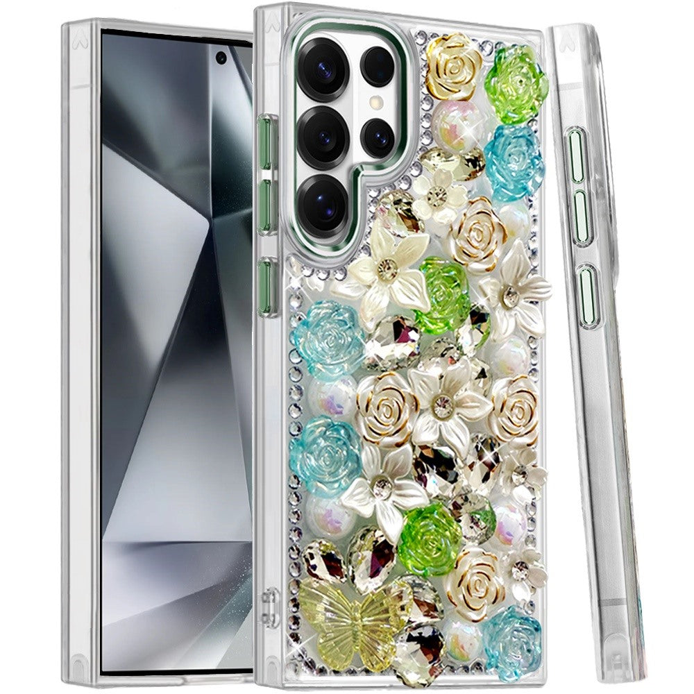 Phone Case for Samsung Galaxy S24 Ultra Luxury Rose Bling Rhinestone Glitter Floral Hybrid Shockproof Stylish Protective Designer Ornament Sparkle Cover
