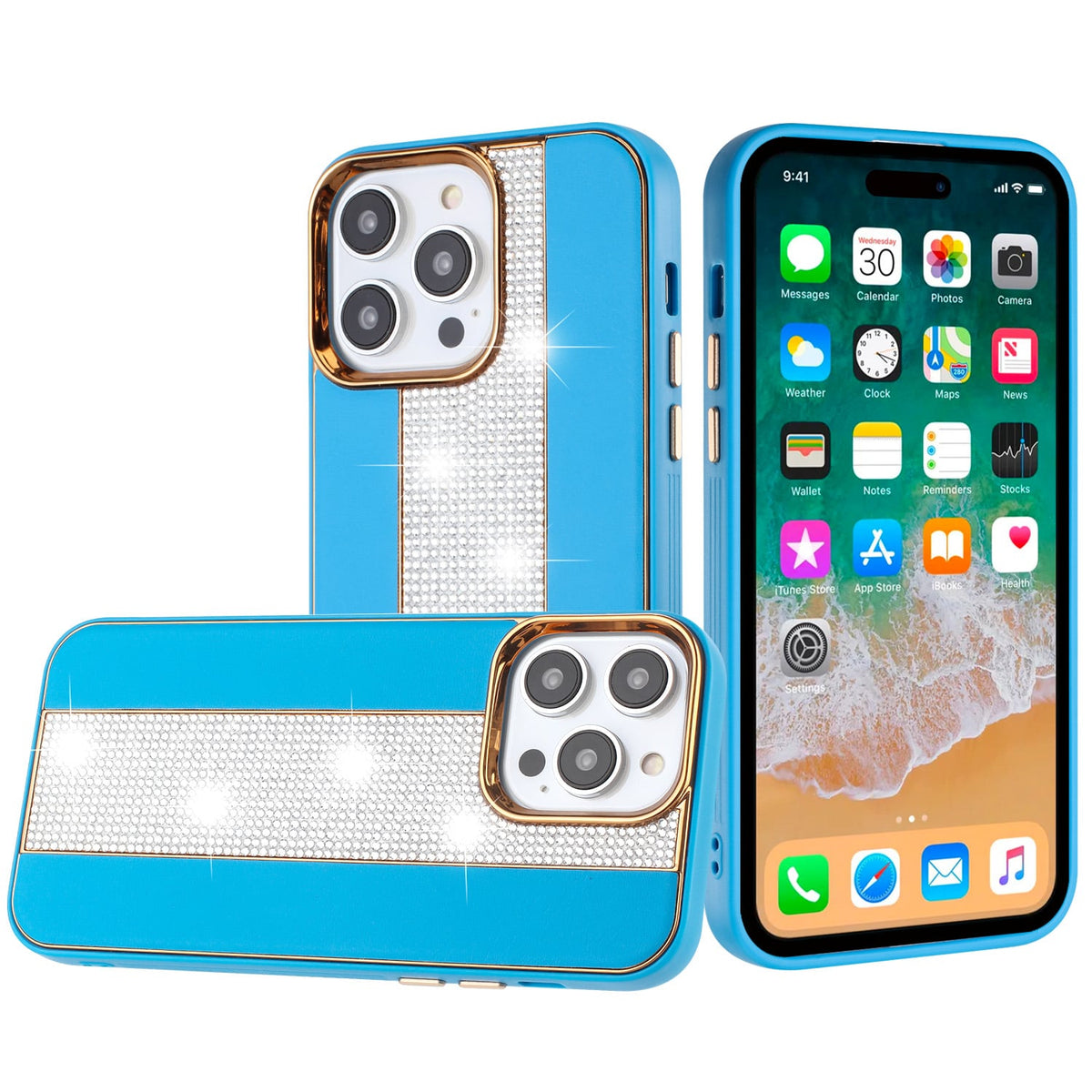 For iPhone 15 Pro (6.1") Flashy Diamond Leather Hybrid Shockproof Protection Chrome Camera Edge Grip Slim Durable Case Cover Dark Purple