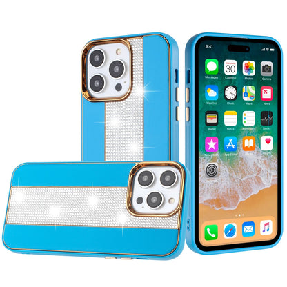 For iPhone 15 Pro (6.1") Flashy Diamond Leather Hybrid Shockproof Protection Chrome Camera Edge Grip Slim Durable Case Cover Dark Purple