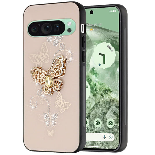 For Google Pixel 9, 9 Pro Diamonds 3D Butterfly Bling Sparkly Glitter Ornaments Engraving Hybrid with Stand Fashion Case Cover Garden Butterflies Gold