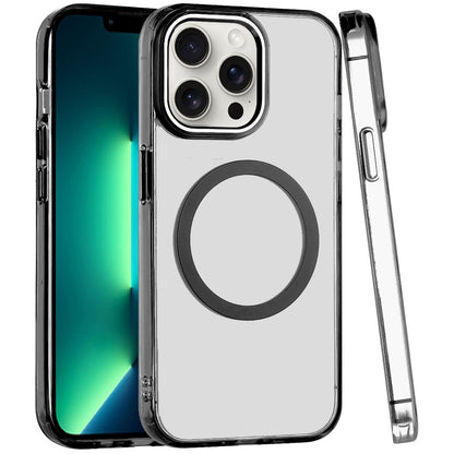 For Apple iPhone 13 Pro Max Transparent Back Hybrid Case - Magnetic Circle, Color Frame, Metal Buttons, MagSafe Compatible Case Cover