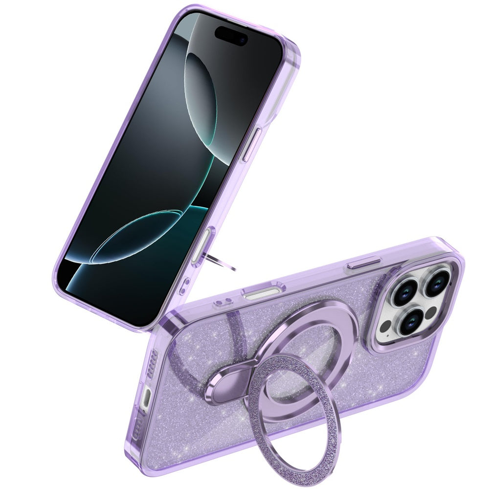 Phone Case for Apple iPhone 16 Pro Max Colofull Transparent Glitter Magnetic Ring Stand Shockproof Rotating Grip Protective Hybrid Durable Cover Light Purple