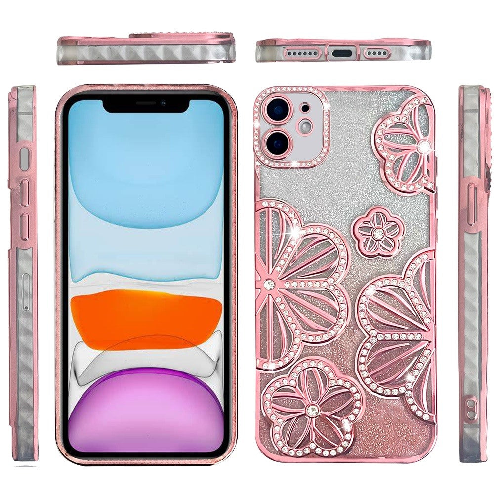 Phone Case for Apple iPhone 11 Shimmer Glitter Floral Thick TPU Shockproof Durable Grip Camera Protection Anti-Scratch Stylish Design Cover Rose Gold