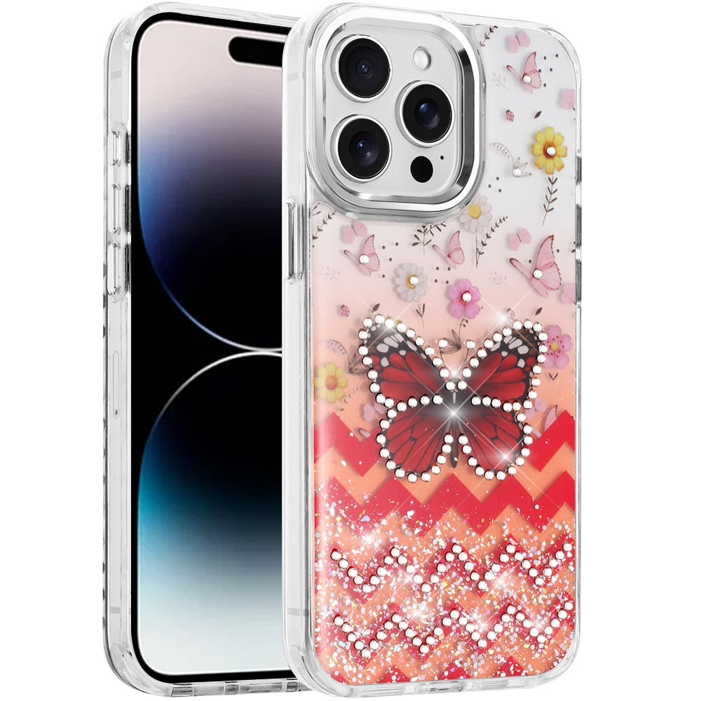 For iPhone 14 Pro Max (6.7") Butterfly Resin Epoxy Diamond Design Metal Edged Hybrid Shockproof Heavy Duty Drop Protection Case Cover