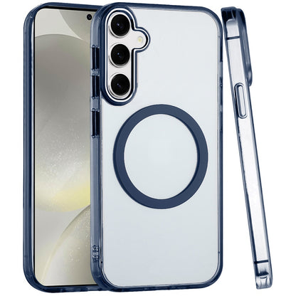 For Samsung Galaxy S25 /S24 Transparent Back Hybrid Case - Magnetic Circle, Color Frame, Metal Buttons, MagSafe Compatible Case Cover