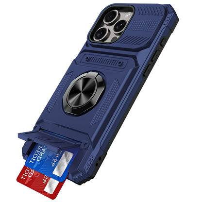Phone Case for Apple iPhone 16 Pro Max Multi Functional Card Slot Shockproof Metal Ring Hybrid Wallet Rugged Protective Grip Heavy Duty Durable Cover Blue