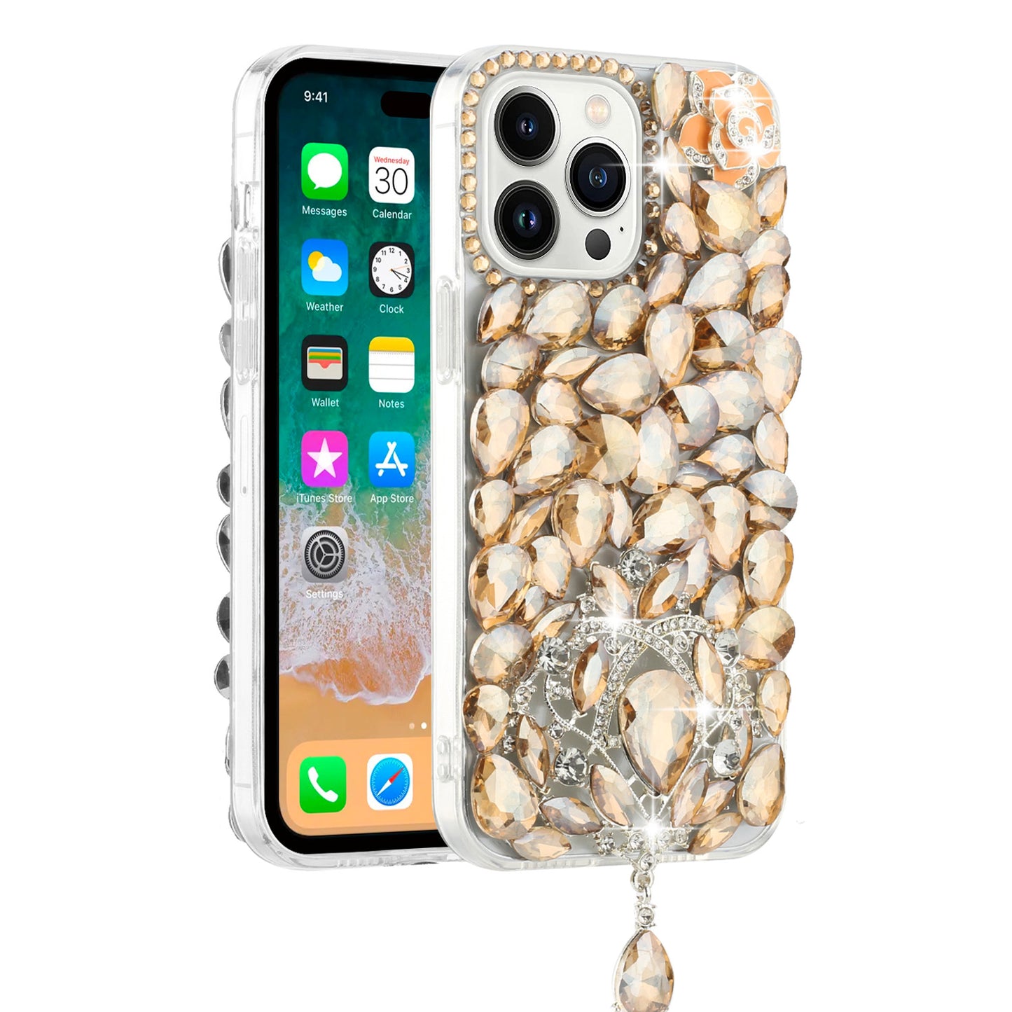 For Apple iPhone 16 (6.1") Bling Crystal 3D Full Diamonds Jewelry Luxury Sparkle Rhinestone Glitter Hybrid Protective Case Cover