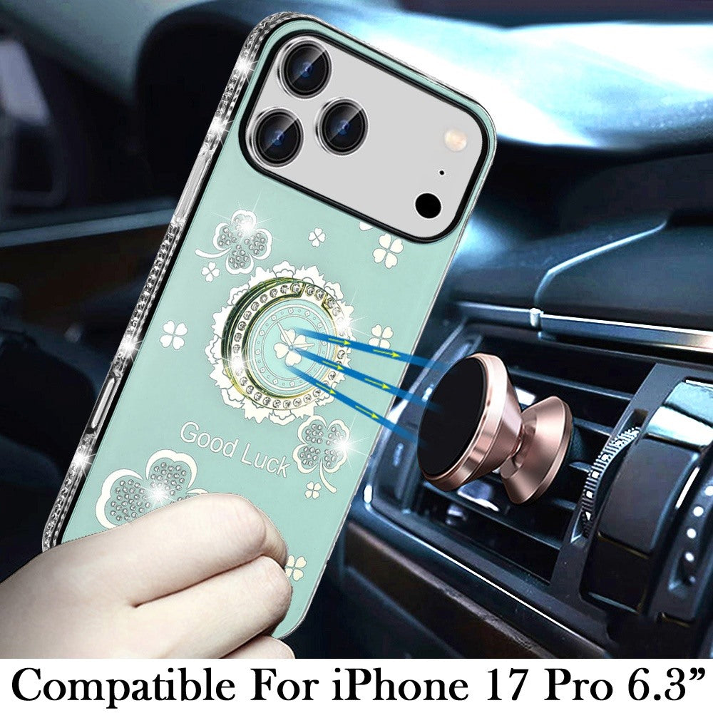 For Apple iPhone 17 Pro (6.3") Diamonds Bling All Around Edges Sparkly Glitter Hybrid with Ring Stand Holder Fashion Good Luck Case Cover