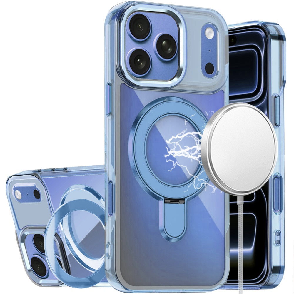 Phone Case for Apple iPhone 18 Pro/ 17 Pro Chrome Magnetic Ring Stand Rotational Shockproof Hybrid Kickstand Metal Finish Rugged Drop Protection Armor Cover Blue