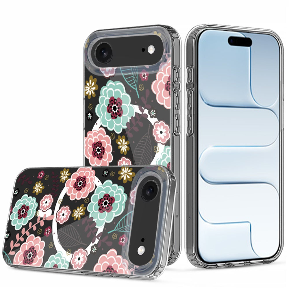 For Apple iPhone 17 Pro Hybrid Flower Design Stylish Fashion Case, MagSafe Compatible, Thick Shockproof Hard PC Case Cover