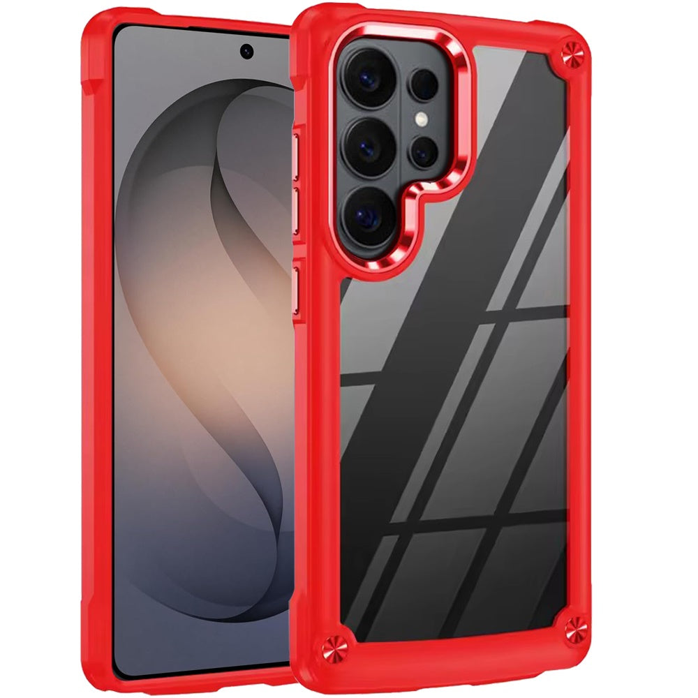 For Samsung Galaxy S21 Ultra Hybrid Transparent Rubber with Metal Buttons & Camera Edges Hard TPU Corner Frame Bumper Case Cover Red