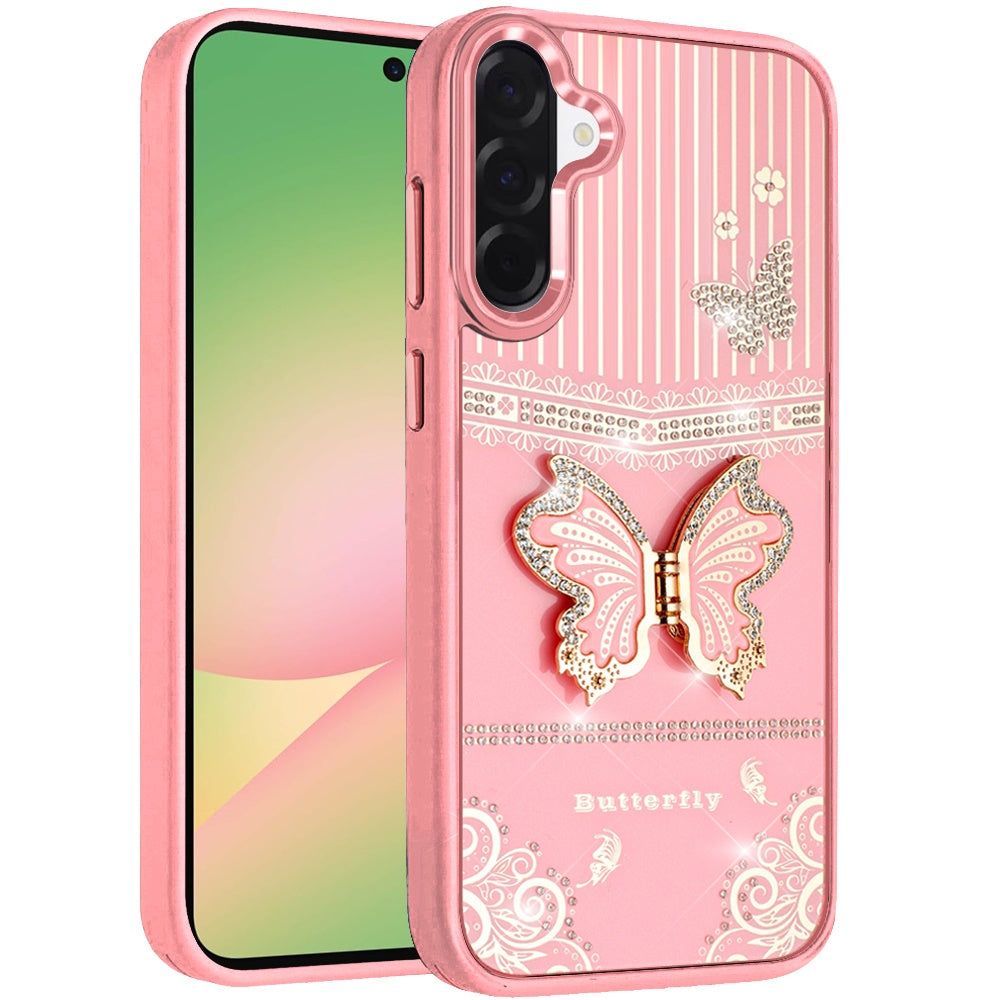 For Samsung Galaxy A57 Glitter 3D Butterfly Design Bling Metallic Edge Hybrid Stand Drop Protection TPU Shockproof Case Cover