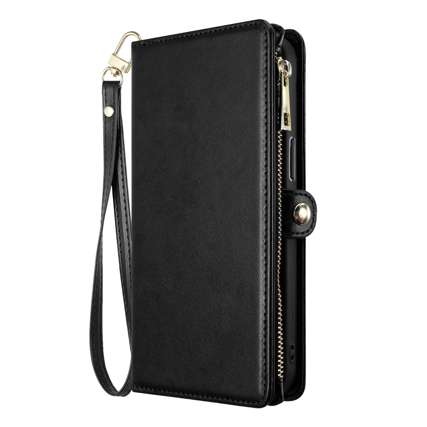 For Apple iPhone SE 4 Wallet Purse Stylish Design with Credit Card & ID Slots, Durable Zipper Storage, Adjustable Lanyard Case Cover Black