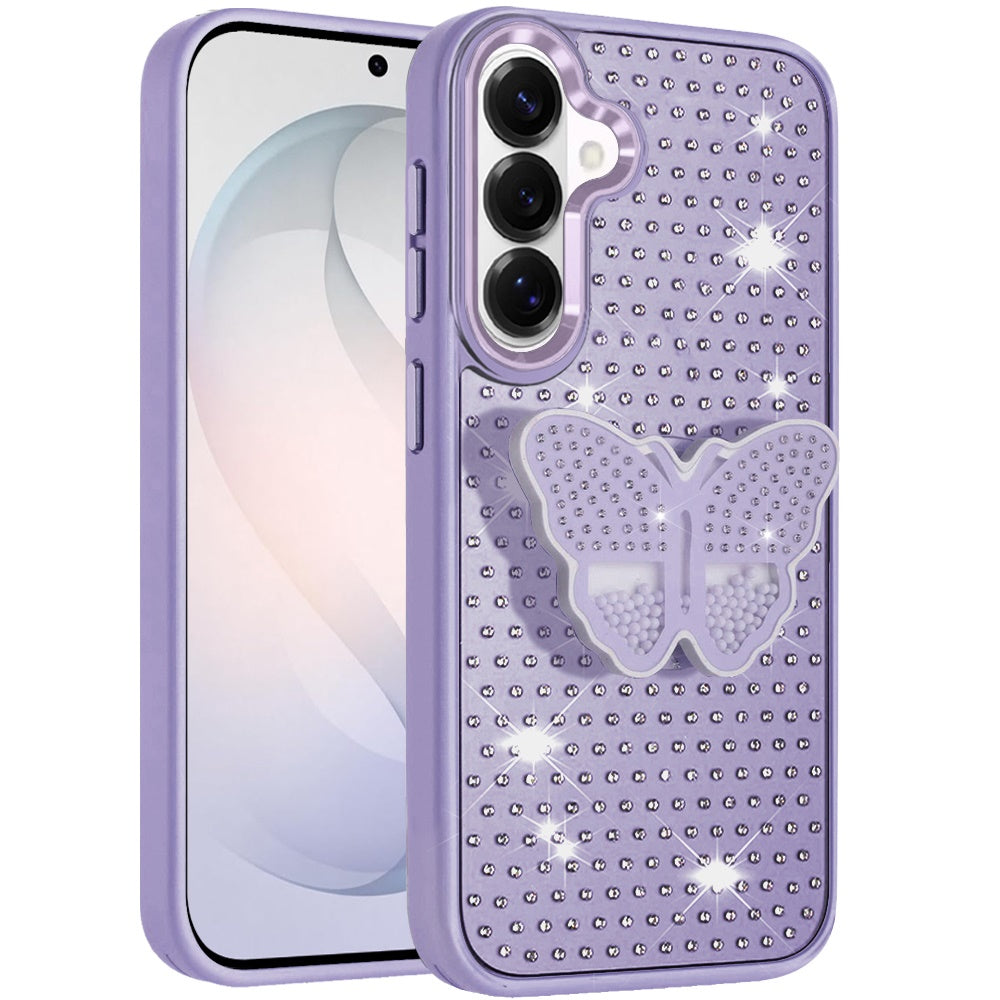Phone Case for Samsung Galaxy S26 FE /Fan Edition Butterfly Grip Pop Stand Diamond Sparkle Hybrid Shockproof Metal Button Slim Protective Grip Decorative Design Cover