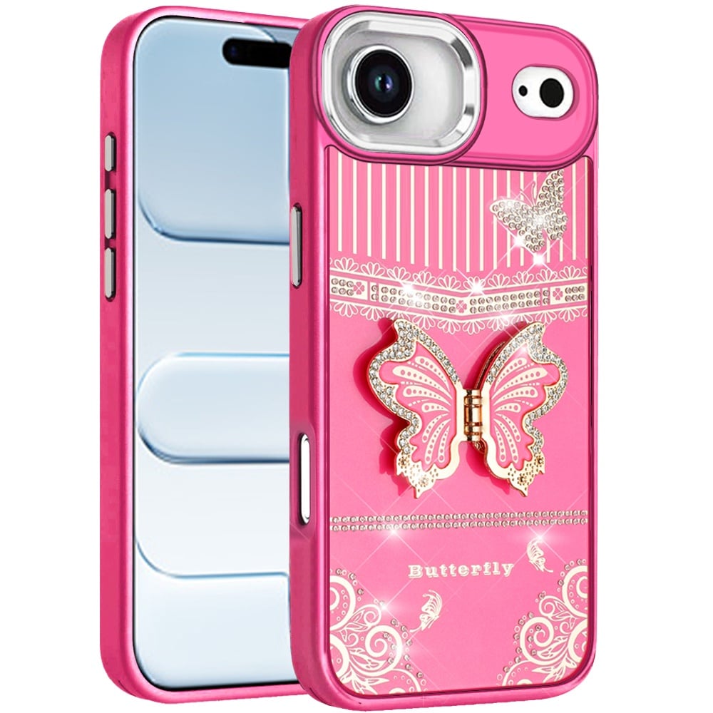 For Apple iPhone 17 Air (6.6") Glitter 3D Butterfly Design Bling Metallic Edge Hybrid Stand Drop Protection TPU Shockproof Case Cover