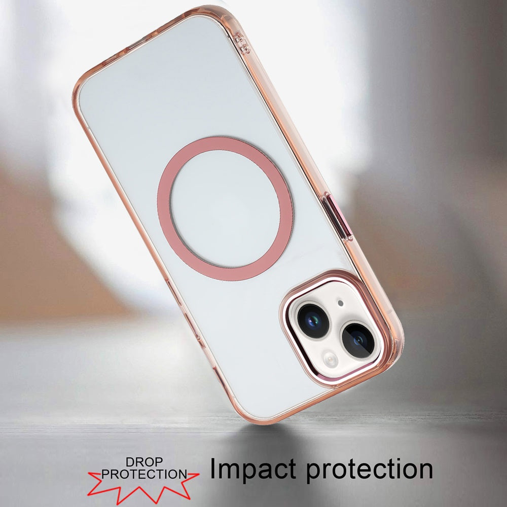 Phone Case for Apple iPhone 14/13 Magnetic Clear Acrylic Metal Button Camera Guard Shockproof Transparent Slim Grip Premium Hybrid Cover Rose Gold