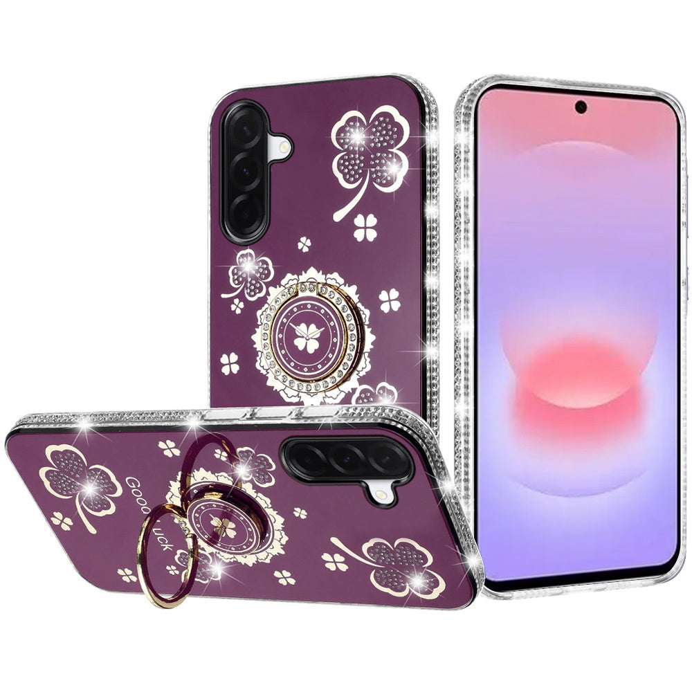 Phone Case for Samsung Galaxy A37 Glitter Diamond Ring Stand Sparkle Rhinestone Edge AntiSlip Kickstand Luxury Fashion Bumper Shockproof Cover Purple