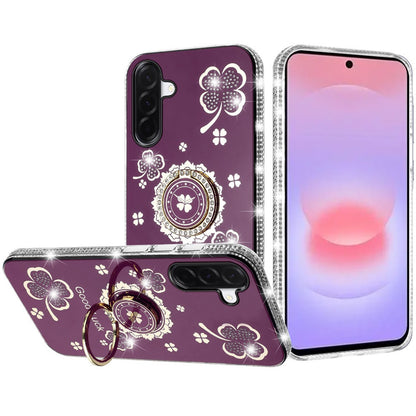 Phone Case for Samsung Galaxy A37 Glitter Diamond Ring Stand Sparkle Rhinestone Edge AntiSlip Kickstand Luxury Fashion Bumper Shockproof Cover Purple