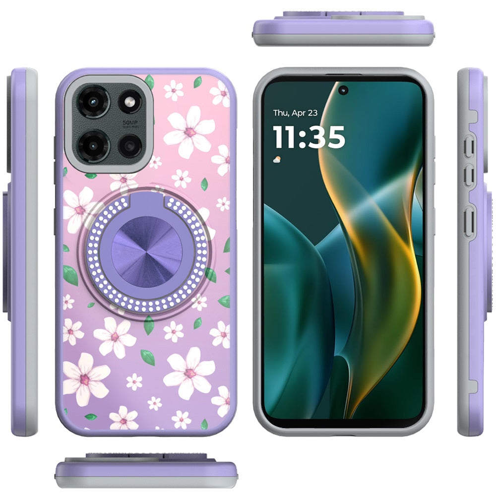 For Motorola Moto G 5G 2025 Pattern Design Hybrid with Invisible Ring Stand & Magnetic Back, Shockproof Protective Grip Case Cover