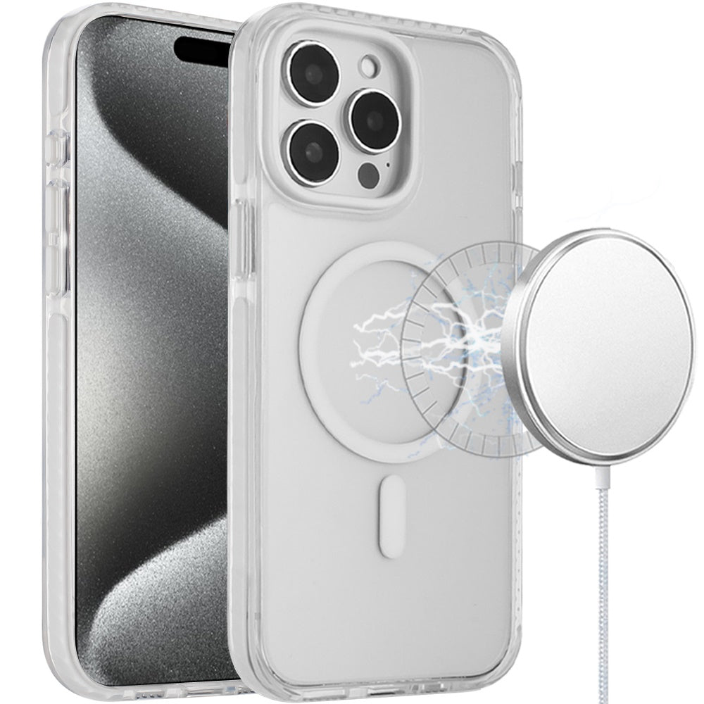 For Apple iPhone 15 Pro Max Transparent Hybrid with Color-Matched Magnetic Circle, Rubber TPU Frame Hard PC Shockproof Case Cover