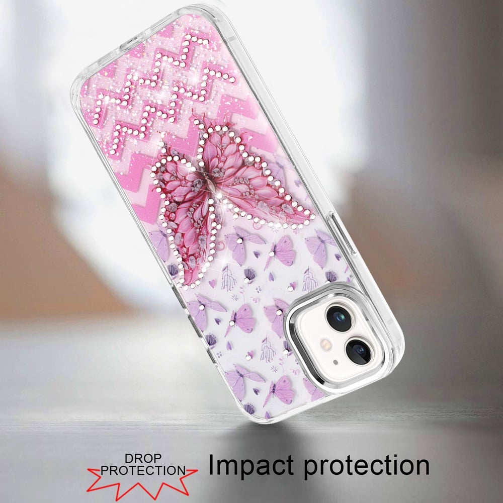 Phone Case for Apple iPhone 11 Butterfly Resin Epoxy Diamond Bling Metal Edge Shockproof Hybrid Luxury Protective Durable Stylish Fashion Grip Cover Light Pink