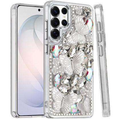 For Samsung Galaxy S26 Ultra 3D Diamond Floral Butterfly Bling Stone Hybrid, Sparkly Rhinestone Gemstone Back Shockproof Case Cover