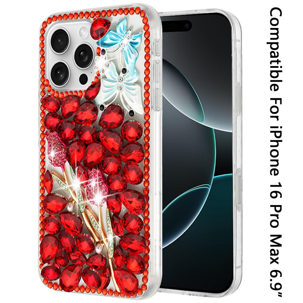 For iPhone 16 Pro Max (6.9") Bling Crystal 3D Full Diamonds Luxury Sparkle Rhinestone Hybrid Case Cover Gold Exquisite Garden