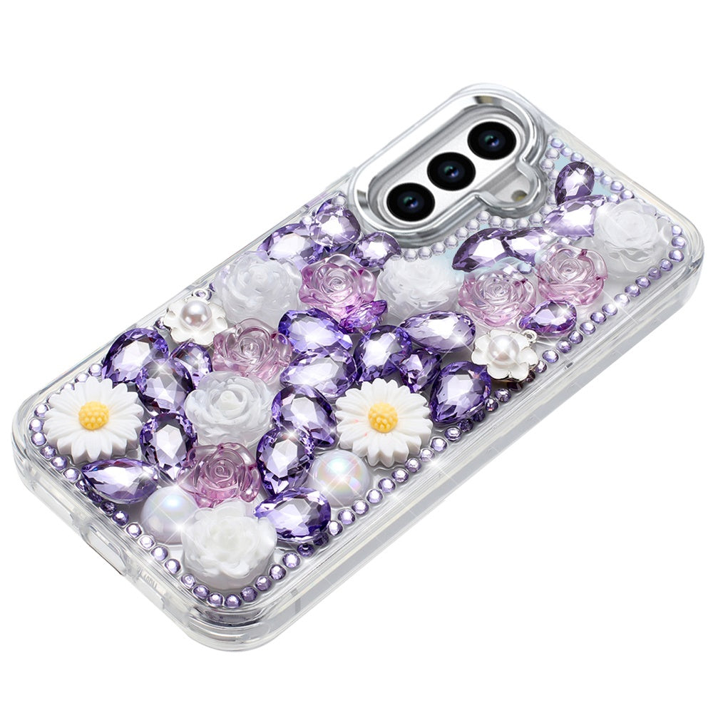 For Apple iPhone 16 Pro (6.3") Fashion Daisy Floral Series, Full 3D Bling Crystal Diamonds Sparkling Rhinestone Glitter Hybrid Design Case Cover Purple