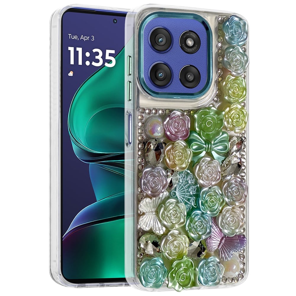 For Motorola Moto G Stylus 5G 2026 /2025 3D Diamond Floral Roses Flower Bling Stone Hybrid, Sparkly Rhinestone Gemstone Back Shockproof Case Cover