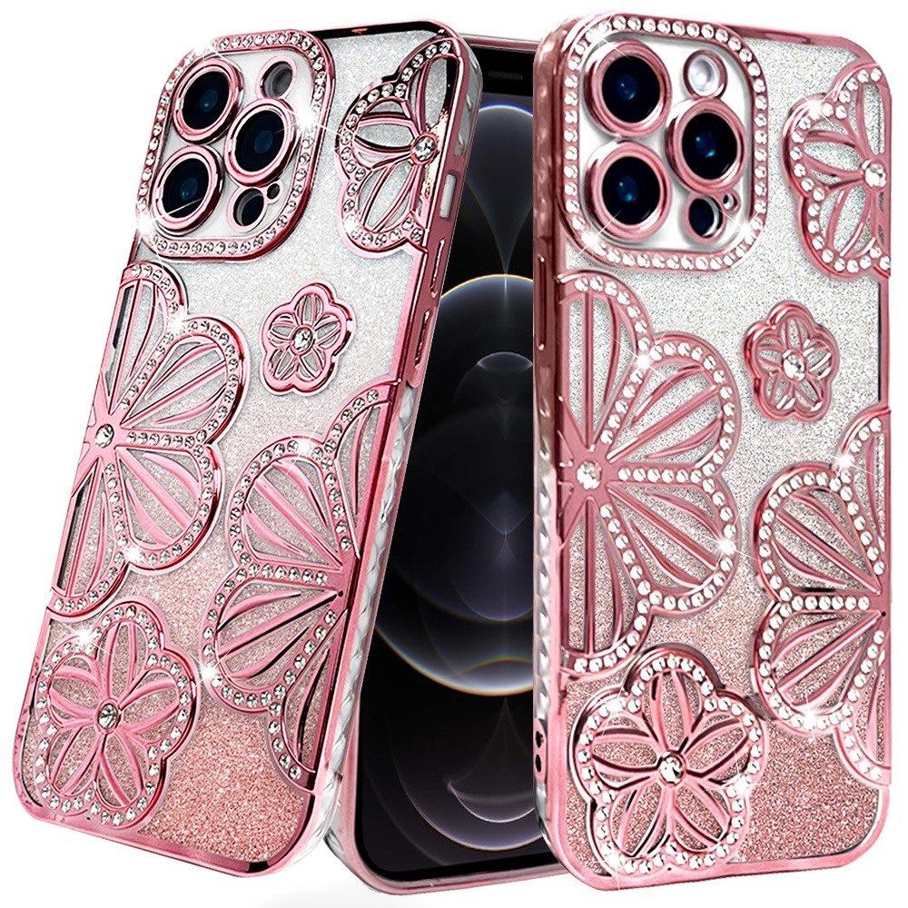 For Samsung Galaxy A16 Luxury Flower Design Sparkle Glitter Diamond Rhinestone Shimmer Bling Plating Thick TPU Hard PC Case Cover Flower Rose Gold