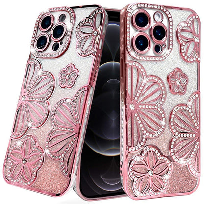 For Samsung Galaxy A26 Luxury Flower Design Sparkle Glitter Diamond Rhinestone Shimmer Bling Plating Thick TPU Hard PC Case Cover Flower Rose Gold