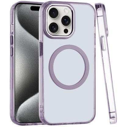 For Apple iPhone 15 Pro Max Transparent Back Hybrid Case - Magnetic Circle, Color Frame, Metal Buttons, MagSafe Compatible Case Cover