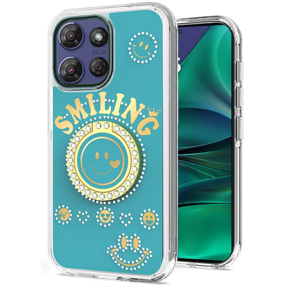 For Apple iPhone 17E /16E Smiling Glitter Bling Ornament Hybrid Shockproof Stylish Sparkle Design Secure Grip Durable Protection Case Cover Blue