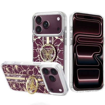 Phone Case for Apple iPhone 18 Pro Max/ iPhone 17 Pro Max Floral Butterfly Ring Stand Glitter Bling Shockproof Hybrid Luxury Fashion Protective Anti Slip Durable Grip Cover Purple