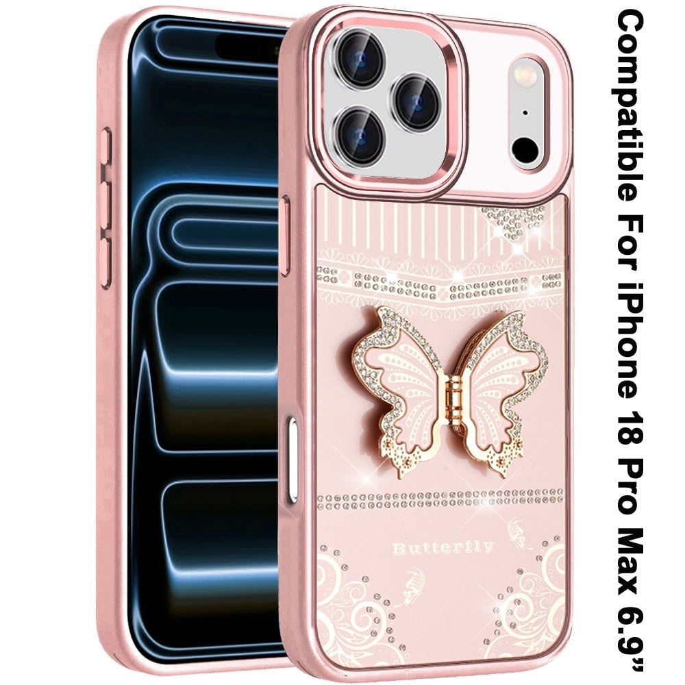 Phone Case for Apple iPhone 18 Pro Max Glitter Bling Butterfly Stand Metallic Edge Hybrid Shockproof Grip Durable Camera Protection Stylish Design Cover