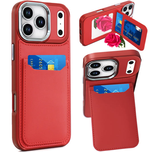 For Apple iPhone 17 Pro Max (6.9") PU Leather Wallet Cover with Credit Card Holder, Kickstand & Mirror Inside Slim Fit TPU & PC Hybrid Design Case Cover Red