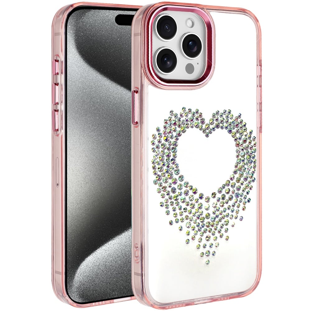 For Apple iPhone 15 Pro Max Angel Hearts Bling Glitter Diamond Hybrid TPU Cover, Colorful Frame Shockproof Protective Back Case Cover