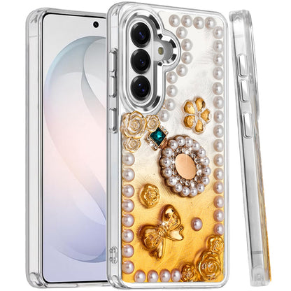 For Samsung Galaxy A17 5G Bling Fashion Design with 3D Pearls Epoxy Glitter Ornaments Chrome Edge Hard Slim PC Case Cover Fashion Yellow
