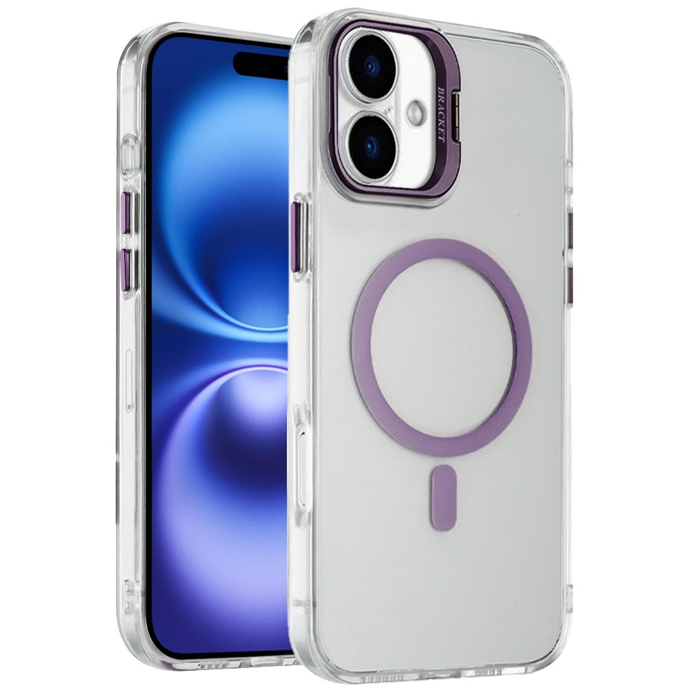 For Apple iPhone 17 (6.3") Magnetic Back MagSafe Compatible Transparent Hybrid Drop Protection with Metallic Camera Stand Case Cover