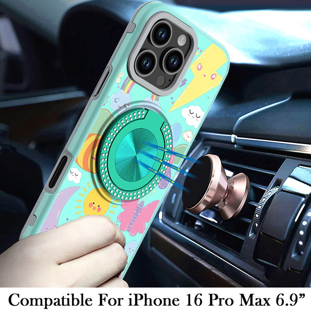 For iPhone 16 Pro Max (6.9") Pattern Design Hybrid with Invisible Ring Stand & Magnetic Back, Shockproof Protective Grip Case Cover
