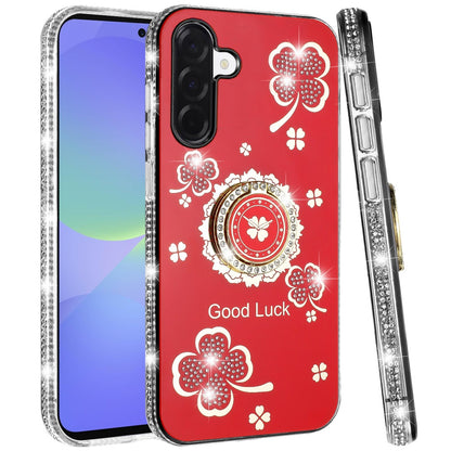 For Samsung Galaxy A37 Diamonds Bling All Around Edges Sparkly Glitter Hybrid with Ring Stand Holder Fashion Good Luck Case Cover