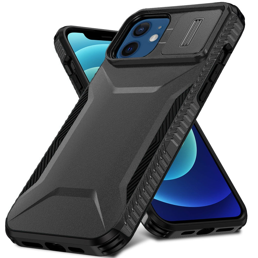 For Apple iPhone 12 /12 Pro Slim Fit Shockproof Hybrid with Slide Camera Window Covering, Rugged Tpu Silicone Hard PC Bumper Case Cover
