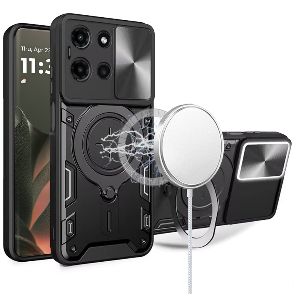 Phone Case for Motorola Edge (2025) Magnetic Ring Stand Shockproof Hybrid Full Camera Slide Guard Anti Slip Heavy Duty Protective Armor Cover Black