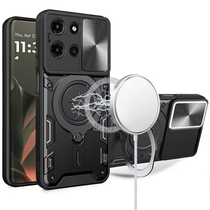 Phone Case for Motorola Edge (2025) Magnetic Ring Stand Shockproof Hybrid Full Camera Slide Guard Anti Slip Heavy Duty Protective Armor Cover Black