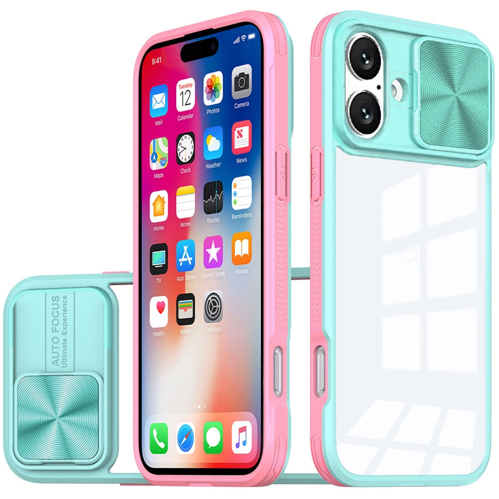 For iPhone 16 (6.1") Hybrid Cases with Sliding Camera Cover Transparent Shockproof Bumper TPU Protective Case Cover Pink/Blue
