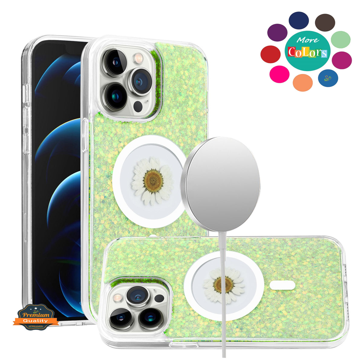 For Apple iPhone 16e MagSafe Compatible Glitter Flower Epoxy Hybrid Slim TPU Case, Magnetic Circle Design, Sparkly Bling Protective Case Cover