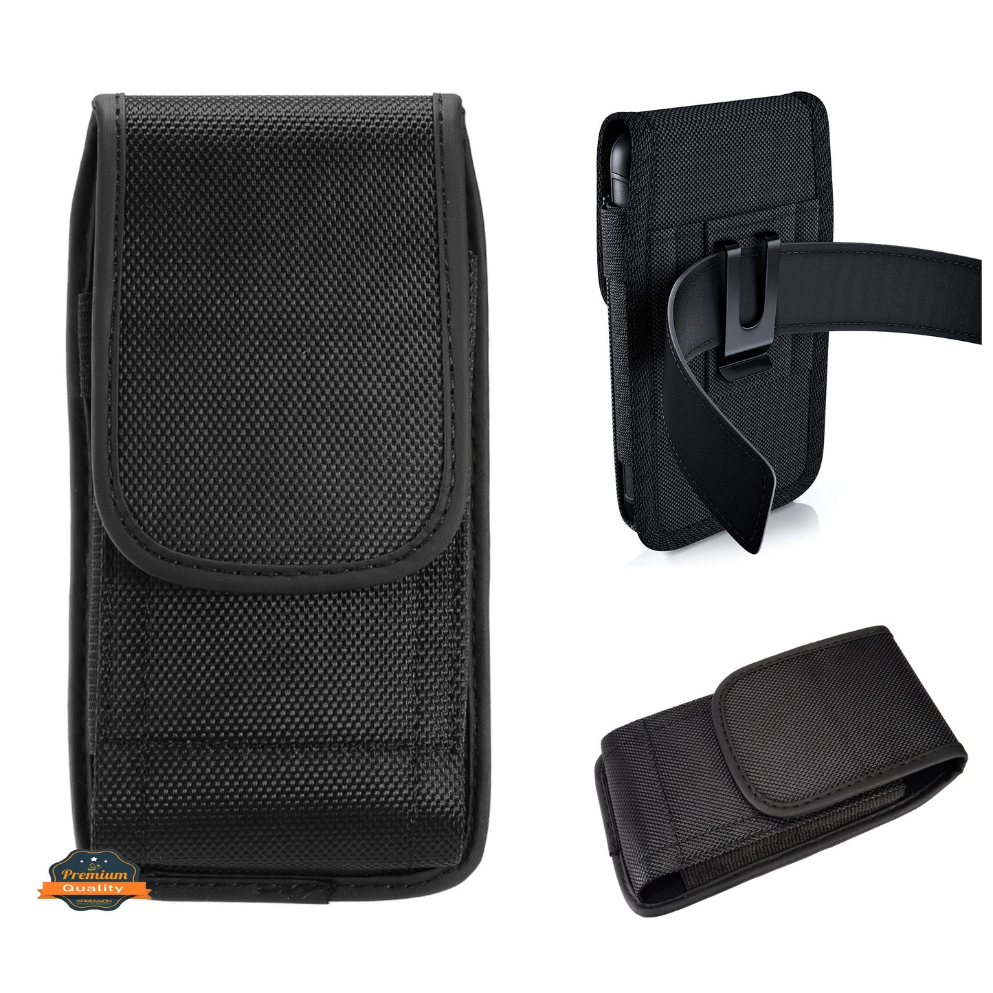 For Apple iPhone 16 Pro (6.3") Pouch Case Universal Vertical Canvas with Belt Clip Loop Holster Military Grade Cell Phone Holder Cover [Black]