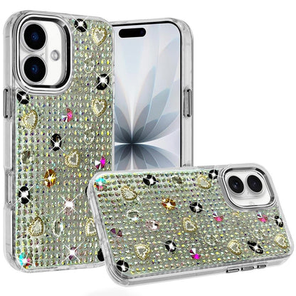 Phone Case for Apple iPhone 18 Chrome Fashion Hybrid Bling Diamond Heart Rhinestone Decorative Stones Sparkling Embellished Design Cover