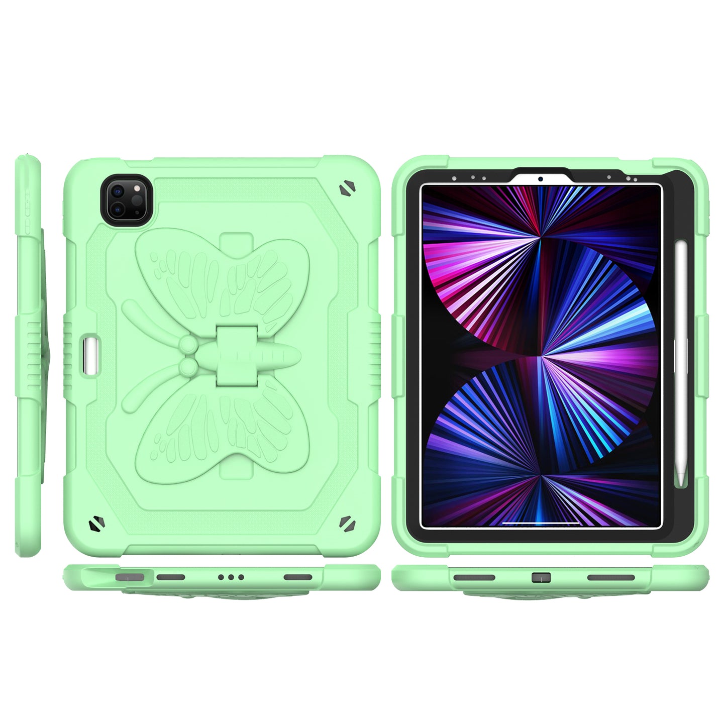 Tablet Case for Apple iPad Air 5th /4th Gen /iPad Pro (11inch) 2024 Butterfly Kickstand Hybrid 3D Design Heavy Duty Shockproff Kids Rubber Shock Absorbing Reinforced Corners Cover Green